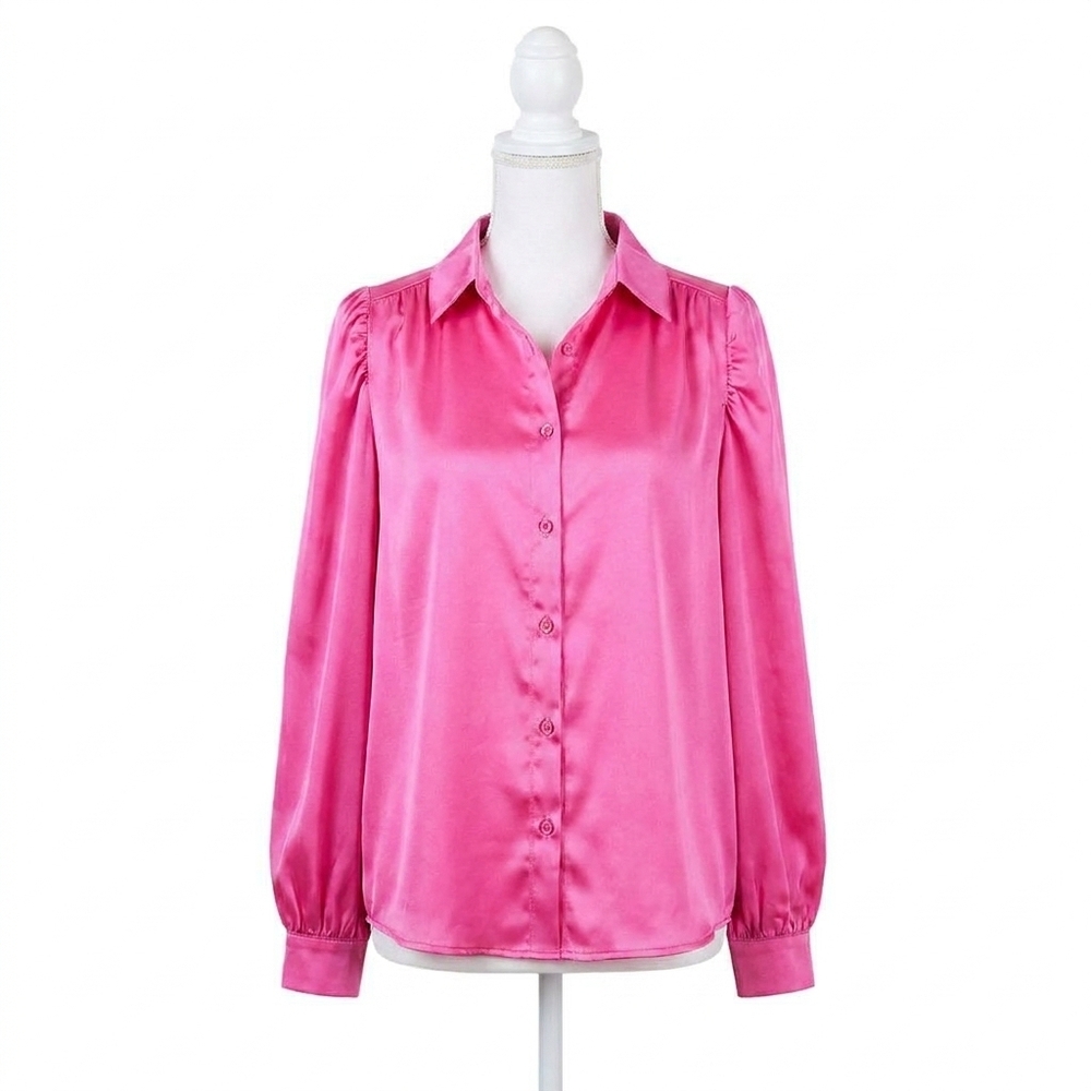 NEW JADE satin button front blouse in fuchsia
